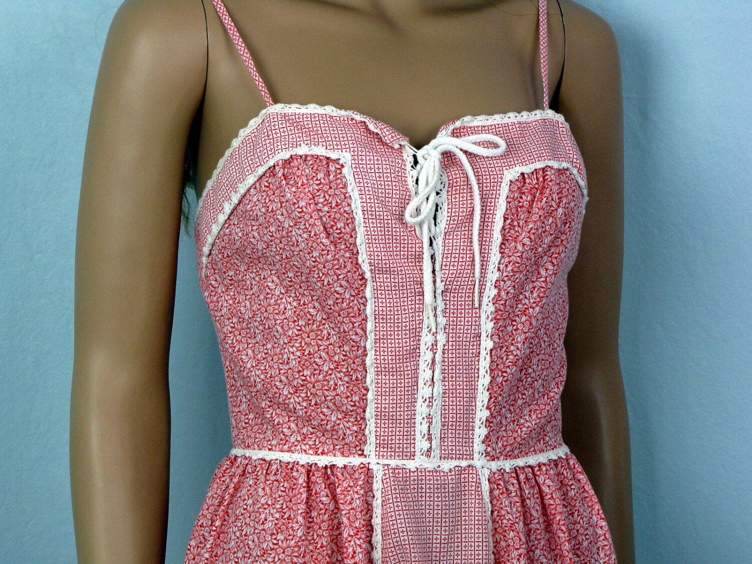 Darling Deb Vintage 1970 Boho Red Cotton Calico Maxi Dress