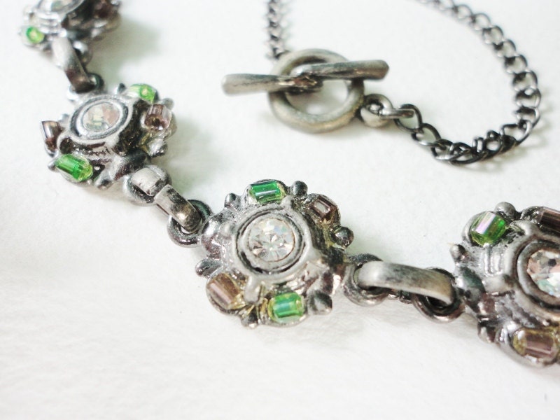 vintage necklace with round links rhinestones and seed beads
