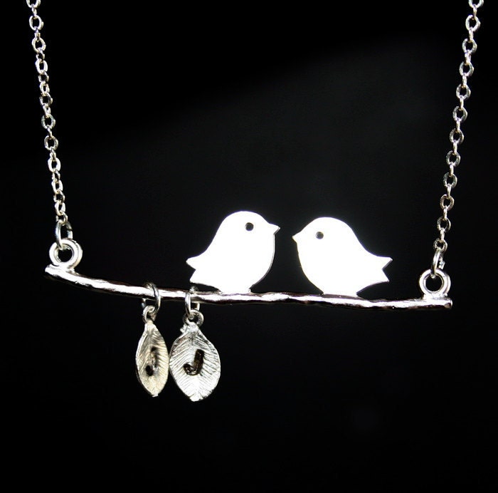 Personalized Necklace, Silver Bird on Branch Necklace, Custom Initials, Great Gift, Sterling Silver chain available