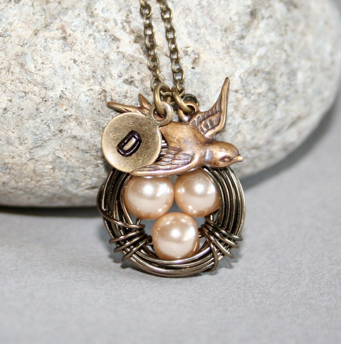Bird Nest Necklace, One Custom Initial, Great gift - Champagne Eggs with Bird, Personalized Necklace
