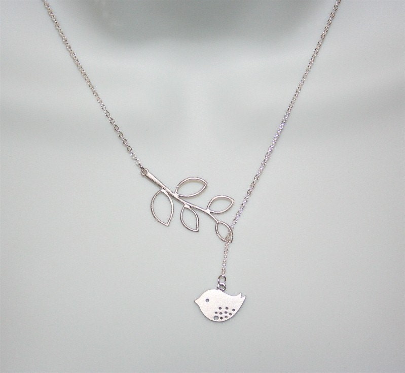 Bird Necklace, Bird with Leafy Branch in Silver, lariat necklace, Sterling Silver chain available