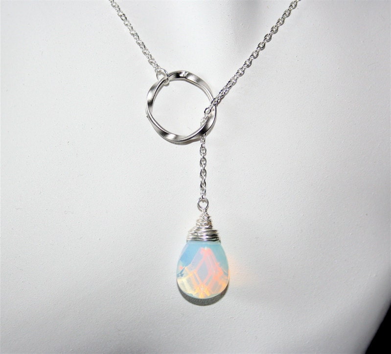 Opalite Moonstone Necklace Lariat necklace with silver circle - gold available, Sterling Silver chain available