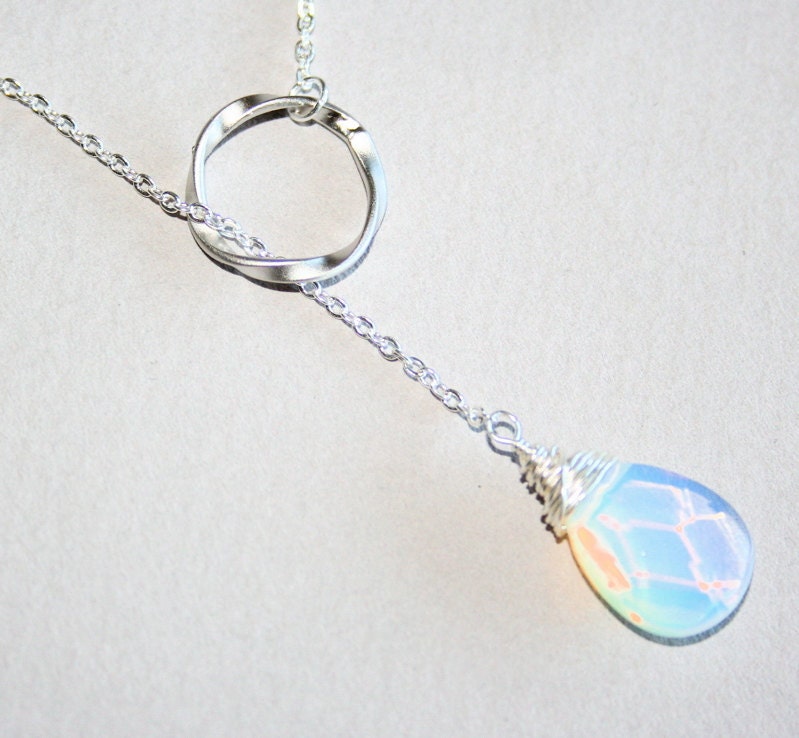 Opalite Moonstone Necklace Lariat necklace with silver circle - gold available, Sterling Silver chain available
