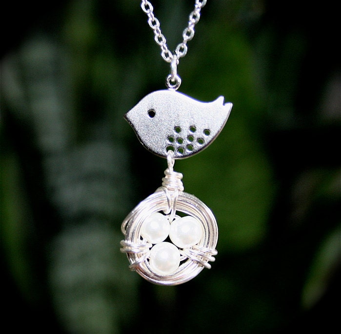Bird and Nest Necklace -Baby Bird and Nest with White Eggs- Sterilng Silver Chain available