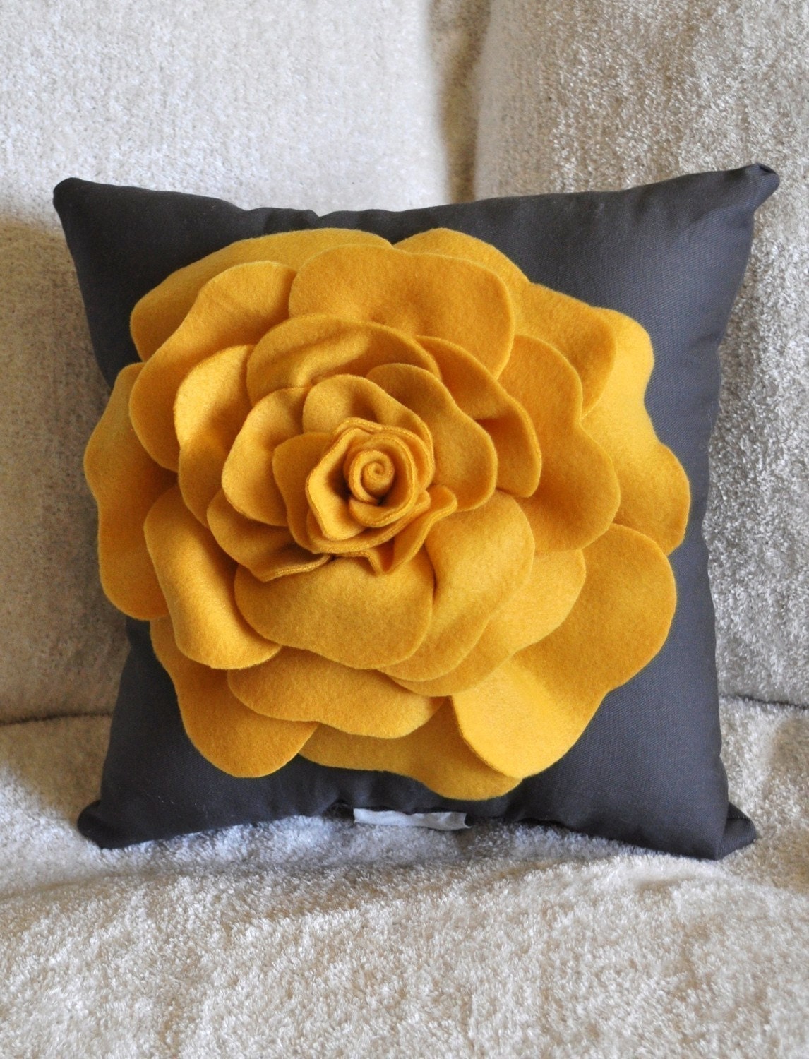 Rose Pillow Mustard Yellow on Grey 14 X 14