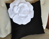 Decorative White Corner Rose on Black Pillow 14 X 14 Black and White Flower Pillow - Decorative Pillow  - Throw Pillow