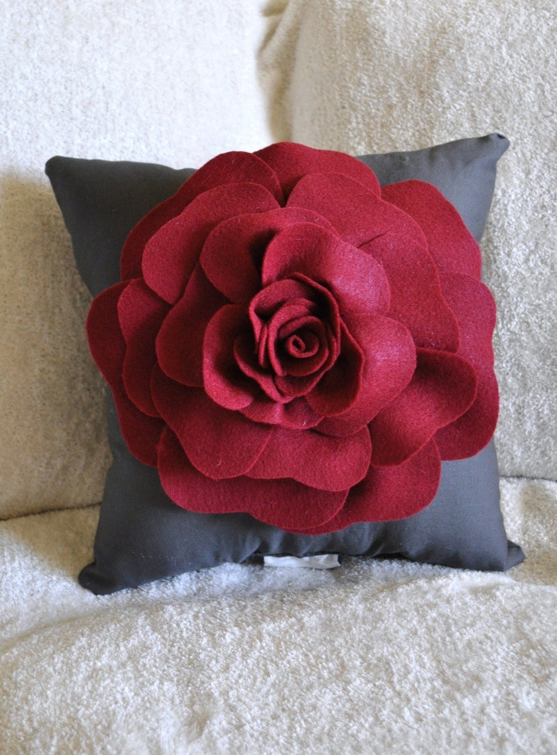 Gray Decorative Pillow - Rose Pillow - Ruby Red on Grey Pillow - Throw Pillow 14x14