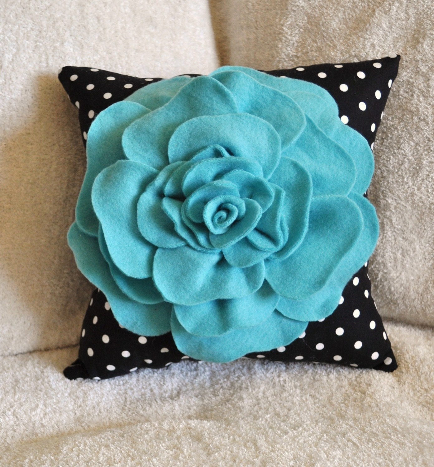 Turquoise Rose on Black with White Polka Dot Pillow