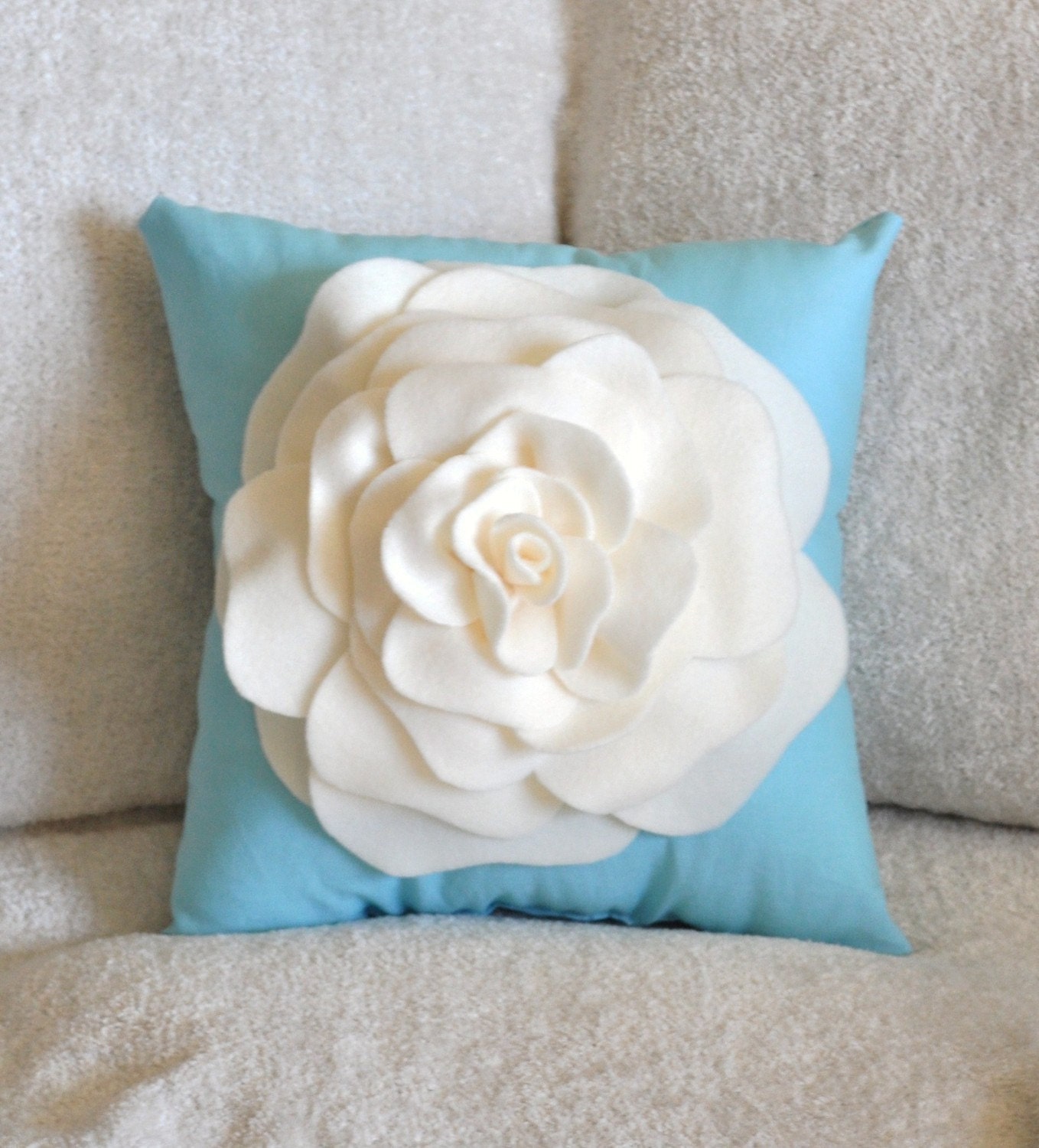 Pillows, Throw Pillow, Ivory Rose on Bright Robins Egg Blue 14x14