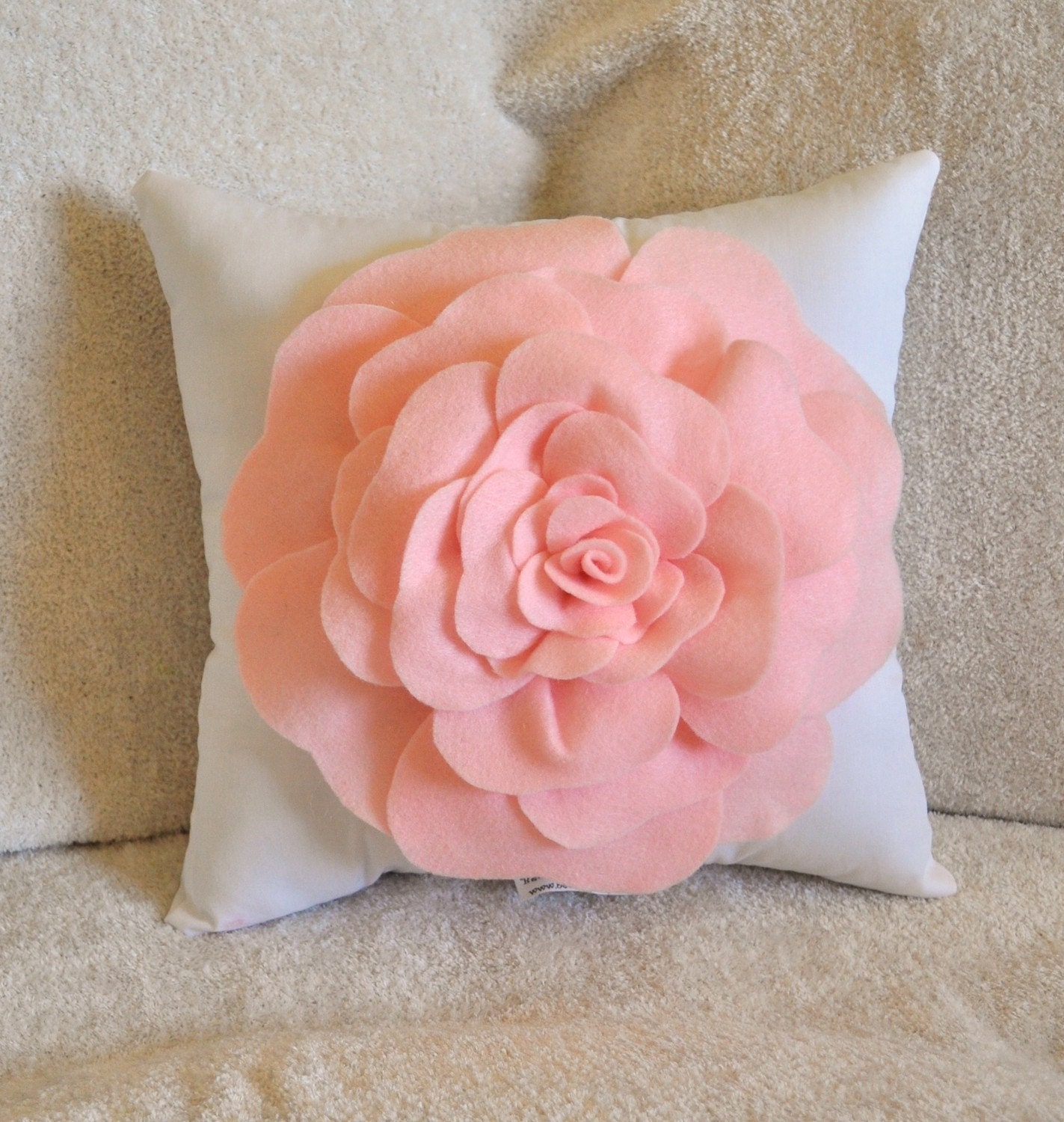 Baby Nursery Decor Light Pink Rose on White Pillow 14 X 14