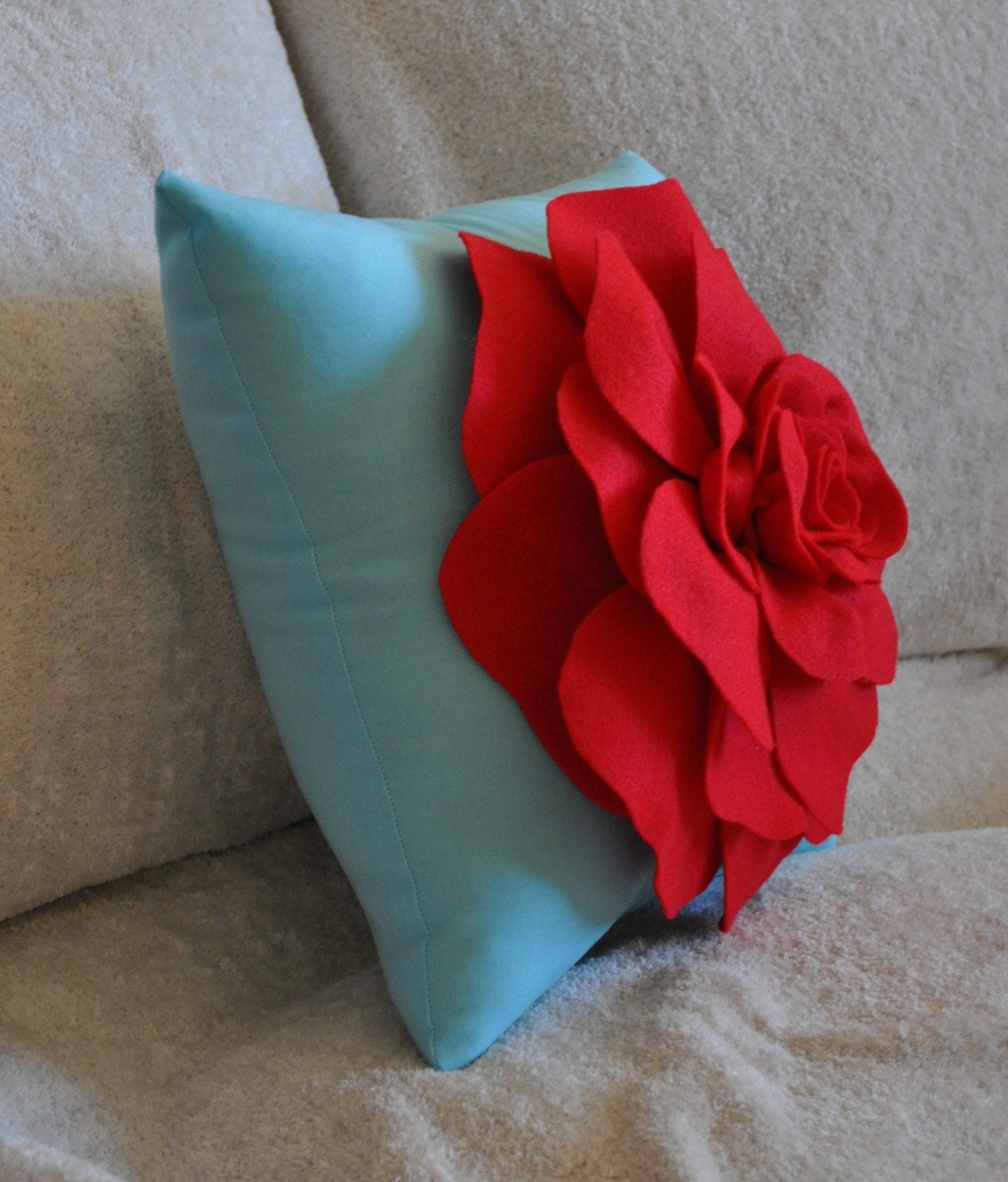 Flower Pillow Red Rose on Robins Egg Blue Accent Pillow