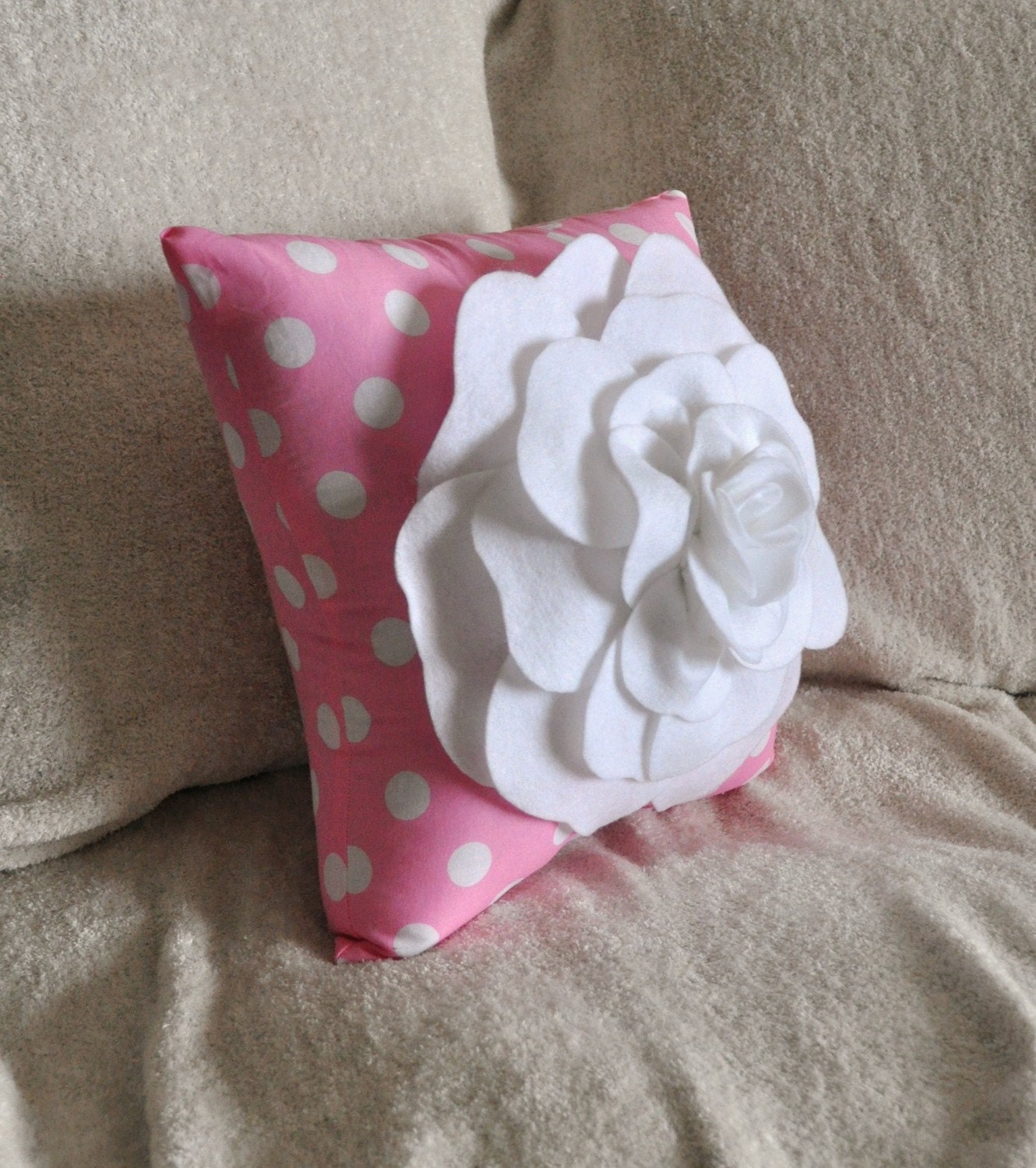 Rose Pillow White on Pink with White Polka Dot Pillow 14x14 Flower Pillow