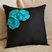 Two Decorative Pillows  - Turquoise Felt Rose Trio on Black Pillows 14"x14"
