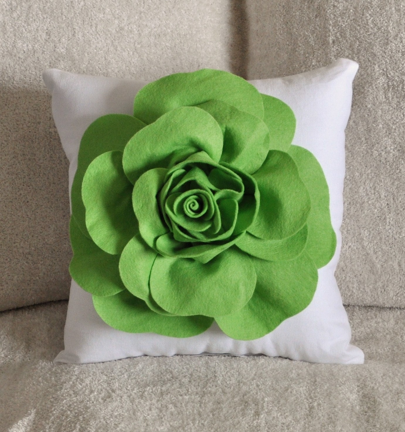 Chartreuse Green Throw Pillow Green Rose on White Accent Pillow