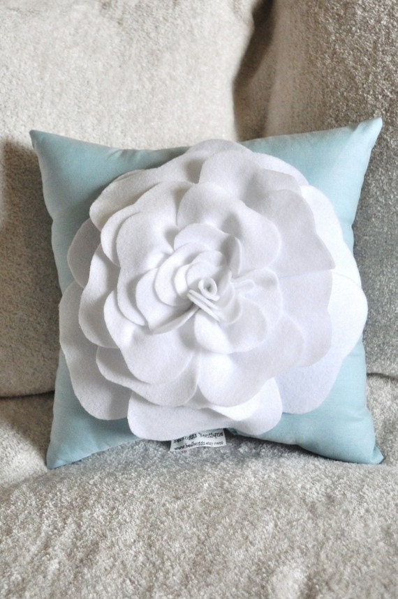 Blue Decorative Pillow Aqua Pillow with White Rose 14x14