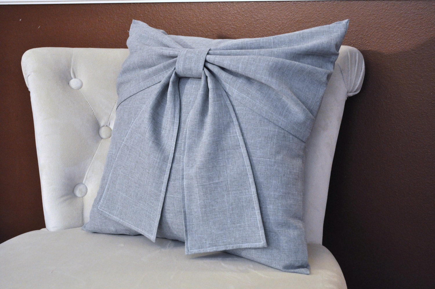 Decorative Pillow - Grey Big Bow Pillow 14x14 Gray Pillow