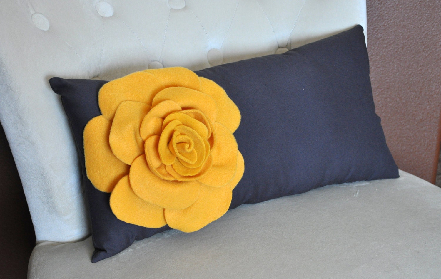 Mustard Rose on Charcoal Gray Lumbar Pillow -Decorative Pillow-