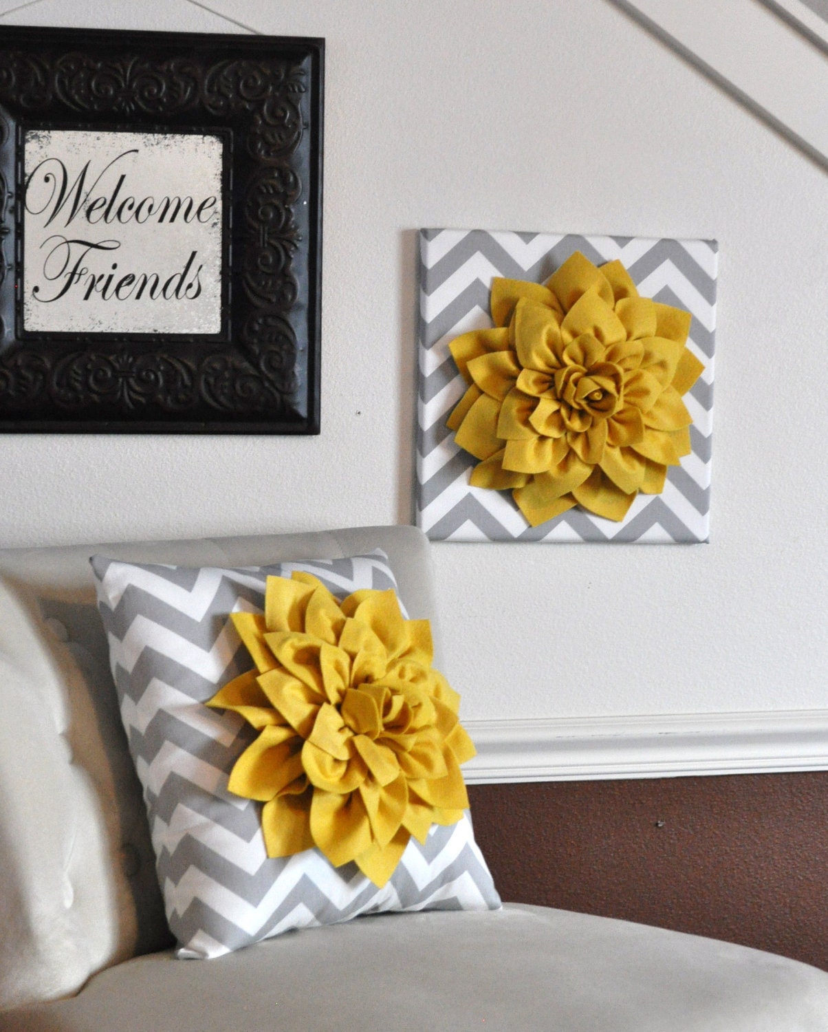 THREE - Wall Flower -Mellow Yellow Dahlia on Gray and White Chevron 12 x12" Canvas Wall Art- 3D Felt Flower