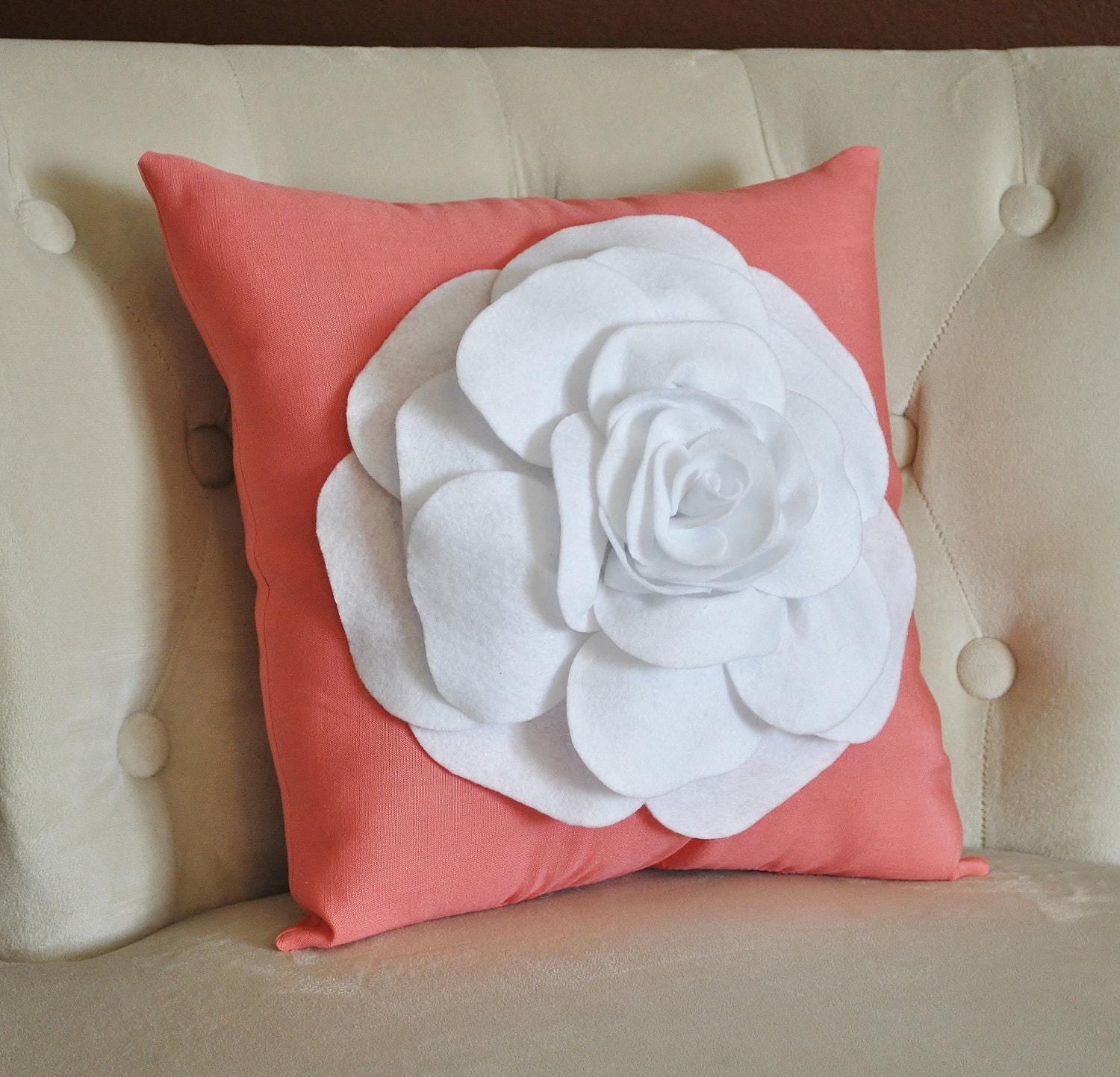 White Rose on Coral Pillow -Coral Pink- Red Orange Salmon Linen- Flower Pillow-