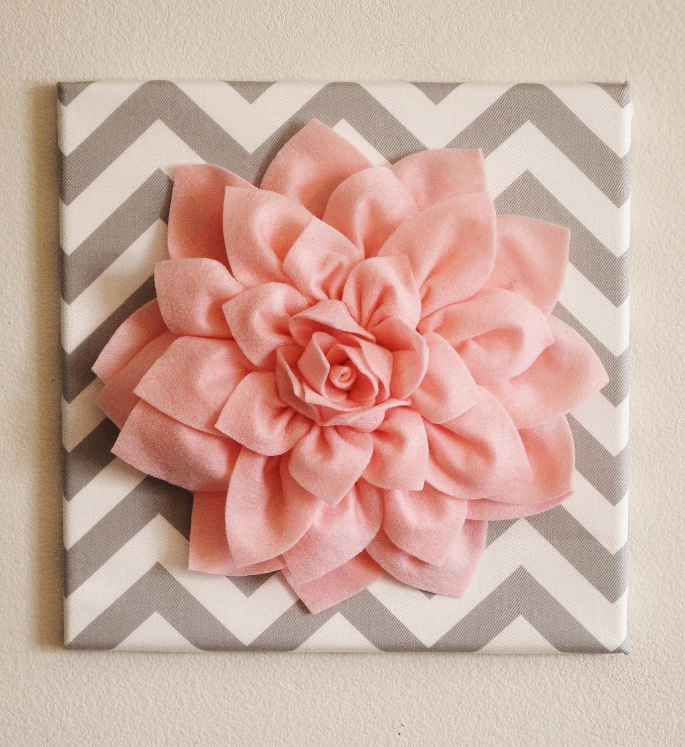 Wall Flower -Light Pink Dahlia on Gray and White Chevron 12 x12" Canvas Wall Art- Baby Nursery Wall Decor-