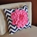 Pink Dahlia on Navy and White Zigzag Pillow -Chevron Pillow-