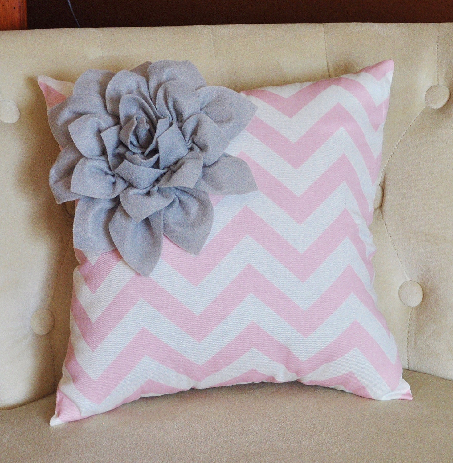 Gray Corner Dahlia on Light Pink and White Zigzag Pillow -Chevron Pillow-