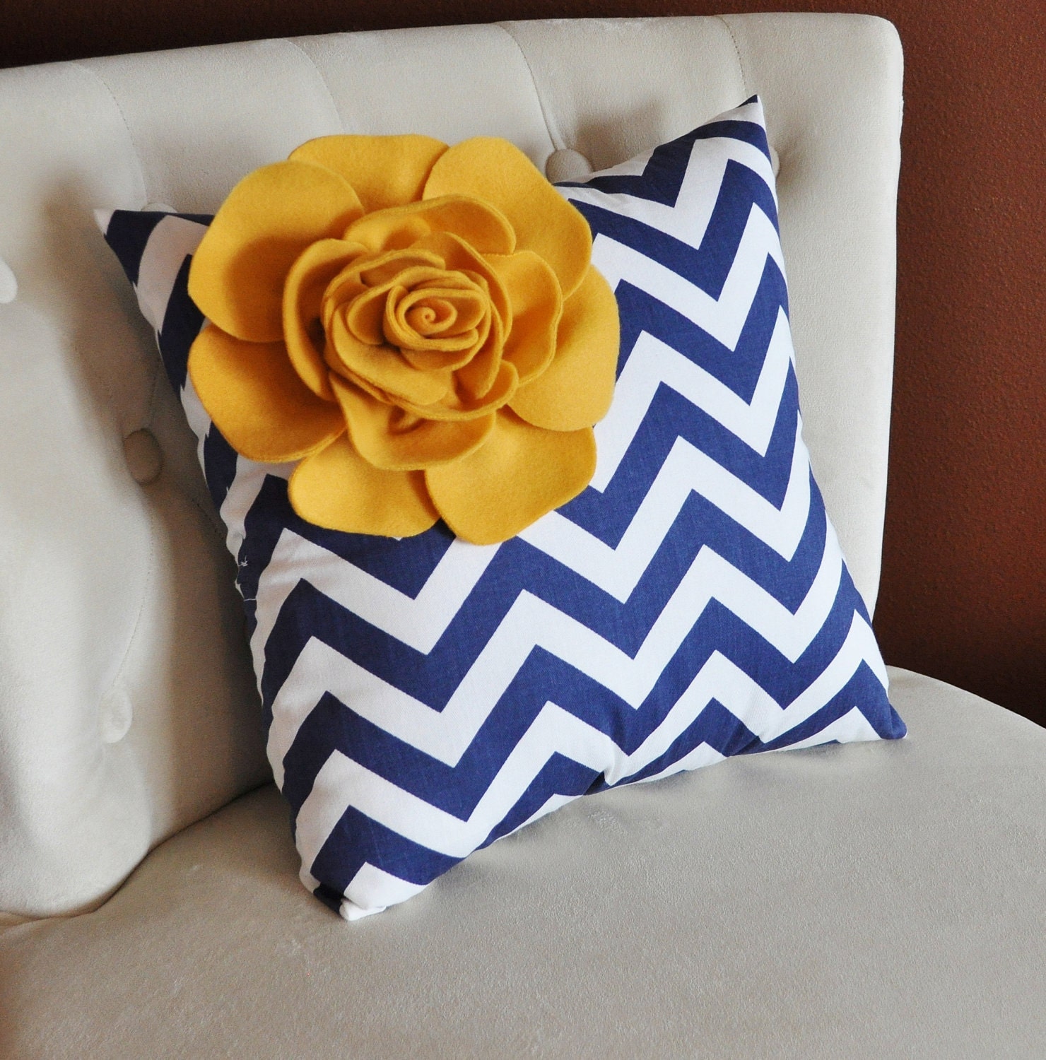 Mustard Rose on Navy and White Zigzag Pillow 14 X 14 -Chevron Flower Pillow- Zig Zag Pillows