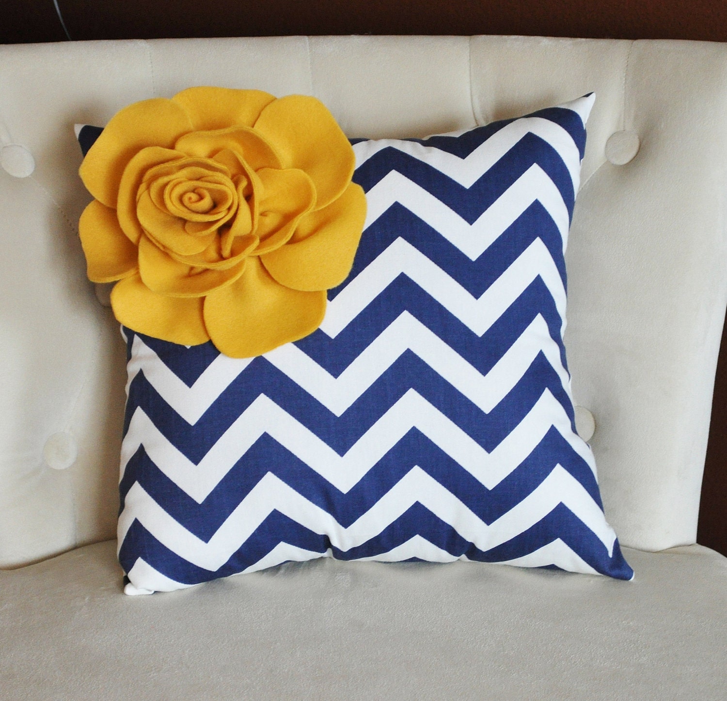 Mustard Rose on Navy and White Zigzag Pillow 14 X 14 -Chevron Flower Pillow- Zig Zag Pillows