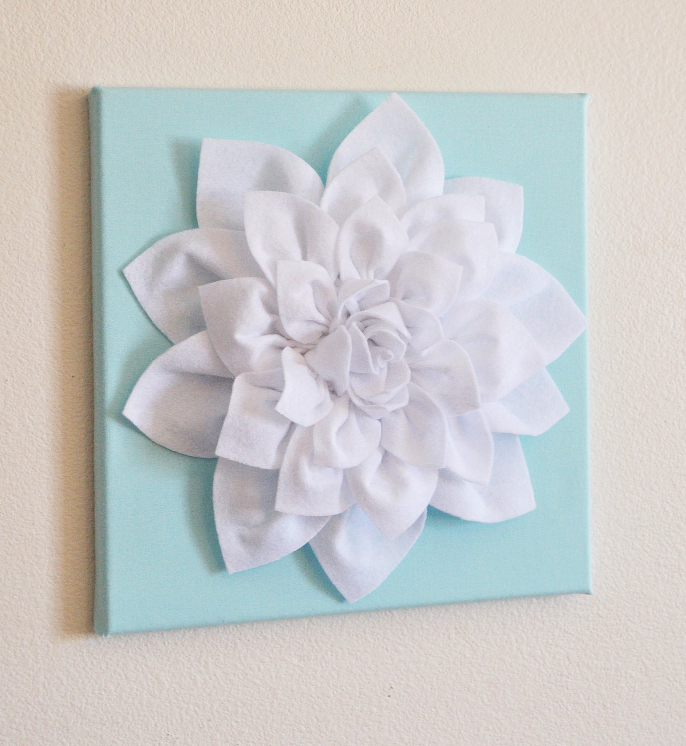 Wall Flower -White Dahlia on Aqua 12 x12" Canvas Wall Art- 3D Felt Flower