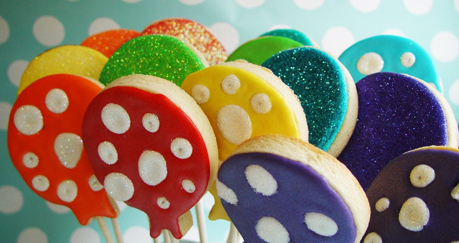 1 dozen Sparkly Polka Dot Balloon Cookie Pops on a stick - Rainbow Colors