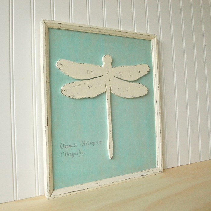 Vintage style shabby chic cottage decor in wood. One of a kind, Framed Dragonfly in Robin's Egg Blue.