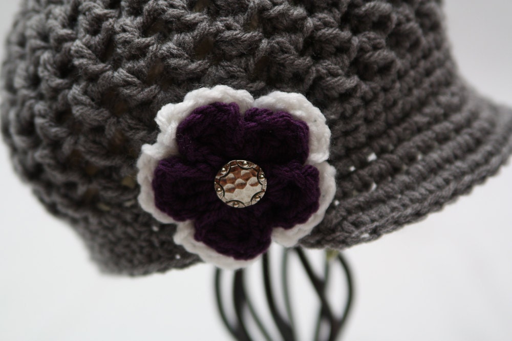 Twisted Visor Beanie with Button Flower - 5T-adult sizes