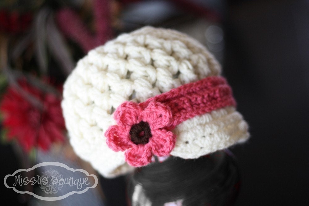 Girls Crochet Hat - Visor Beanie with Mary Jane strap - Girls Hat - Cream and pink