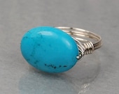 Sterling Silver Ring - Wire Wrapped Turquoise Oval Gemstone- Any Size- Size 4, 5, 6, 7, 8, 9, 10, 11, 12, 13, 14
