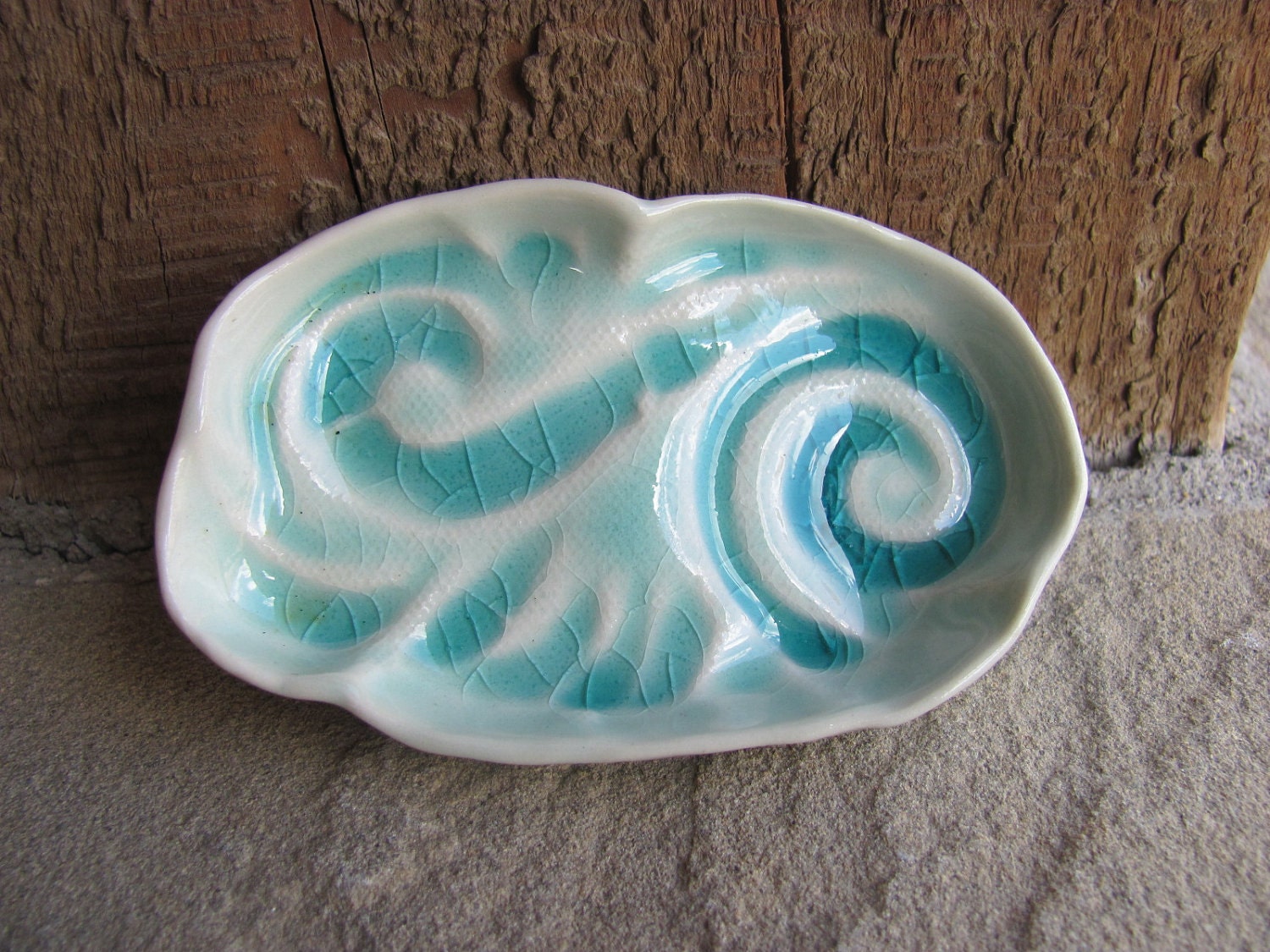 Ceramic Porcelain Trinket Dish with Ocean Waves or Windy Clouds in the Sky Glazed in Aqua Blue Green, Handmade by Licia Lucas Pfadt