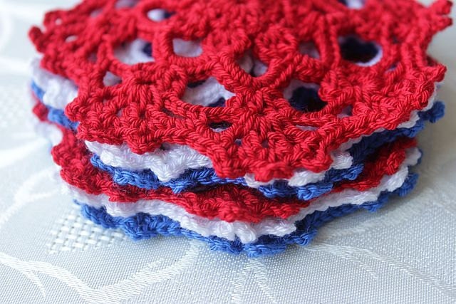 Crochet Cozy Coaster - Red Blue White -Handmade Colorful Coaster - Doily for July 4th