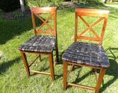 Walnut with Black Leather Seats Bar Stool PAIR-Made with Recycled Leather Belts