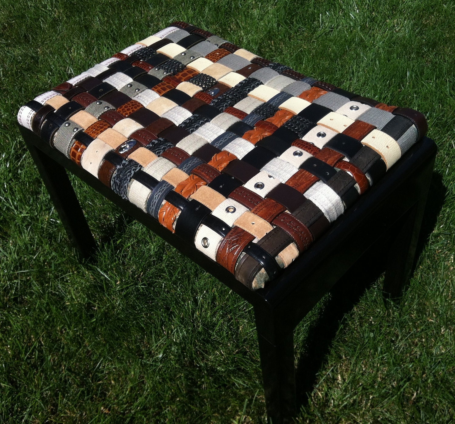 Sturdy Steel BeltArt Bench Woven Seat Created from Recycled Leather Belts In Black, Brown and Cream tones