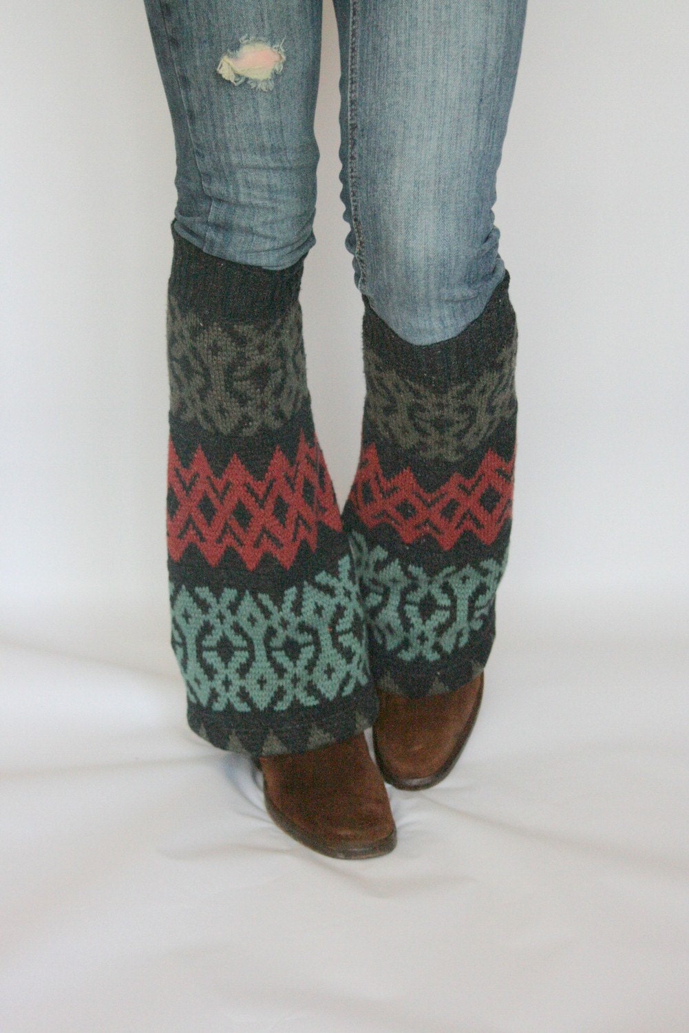 Upcycled Recycled Repurposed Sweater Leg Warmers Ikat Charcoal Teal Taupe Ruby