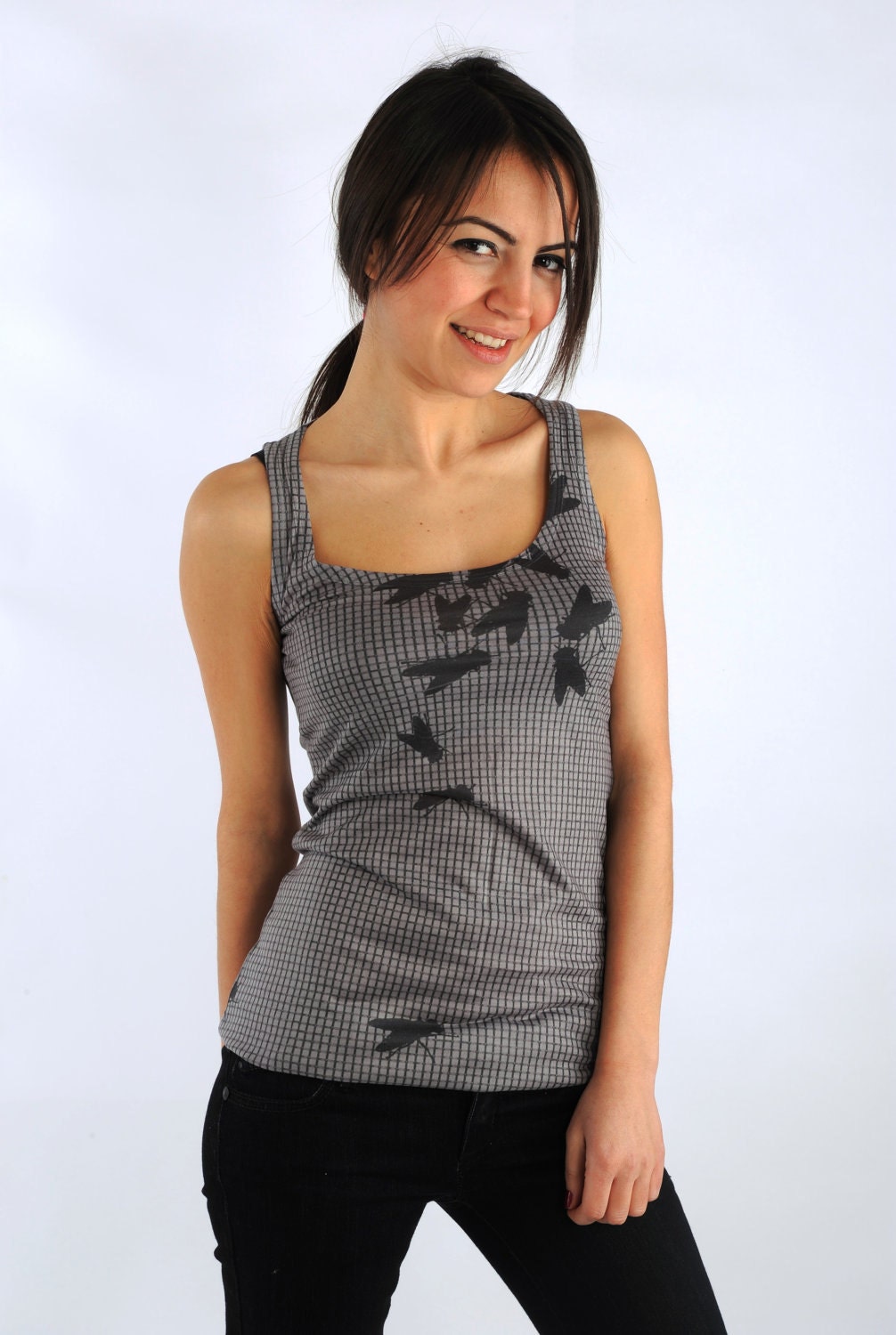 grey horsefly sleeveless tank top tie dye  one side printed