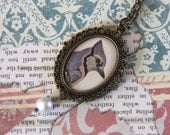 vintage dictionary blue jay illustration and repurposed baby blue pearl necklace // blue jay necklace