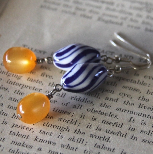 vintage Lucite tangerine beads & blue and white Chinese porcelain beads earrings // beach street earrings