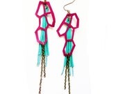 Geometric Fringe Leather Earrings Purple and Teal Cells