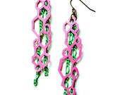 Geometric Leather Earrings Pink Hexagons Mint Chain