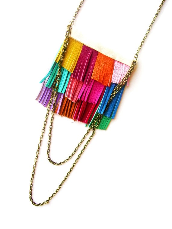 Fringe Leather Bib Necklace Native Rainbow and Chain