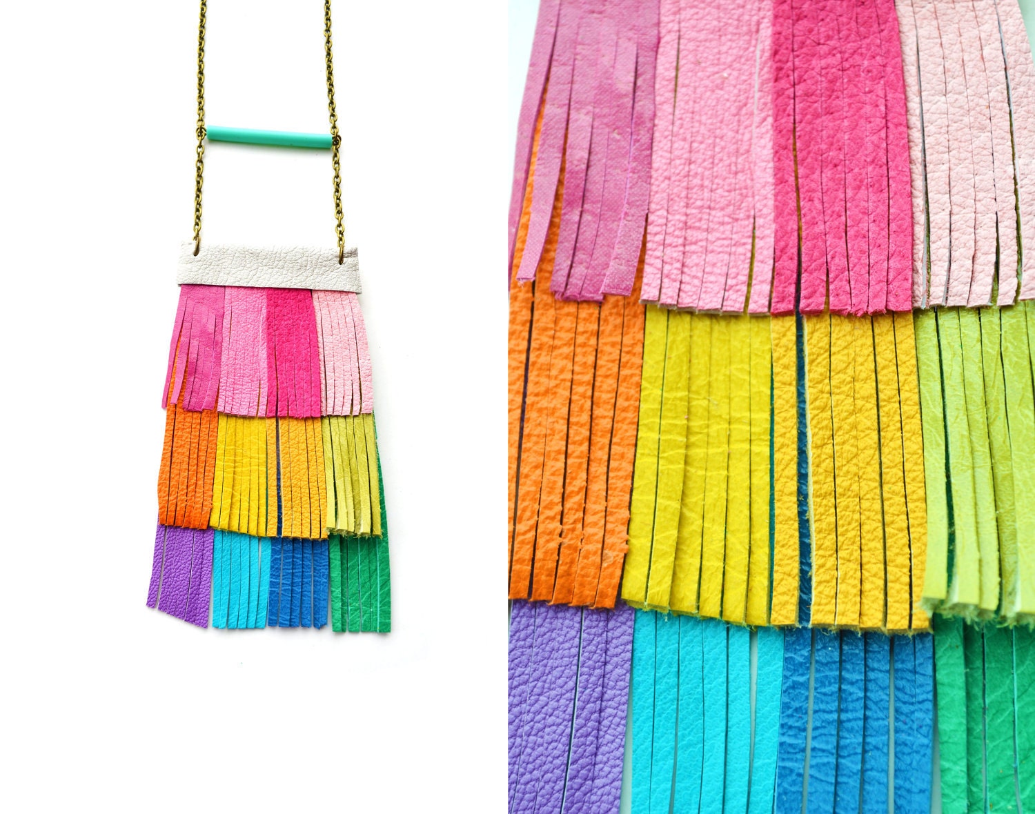 Fringe Leather Bib Necklace Neon Rainbow Color Block