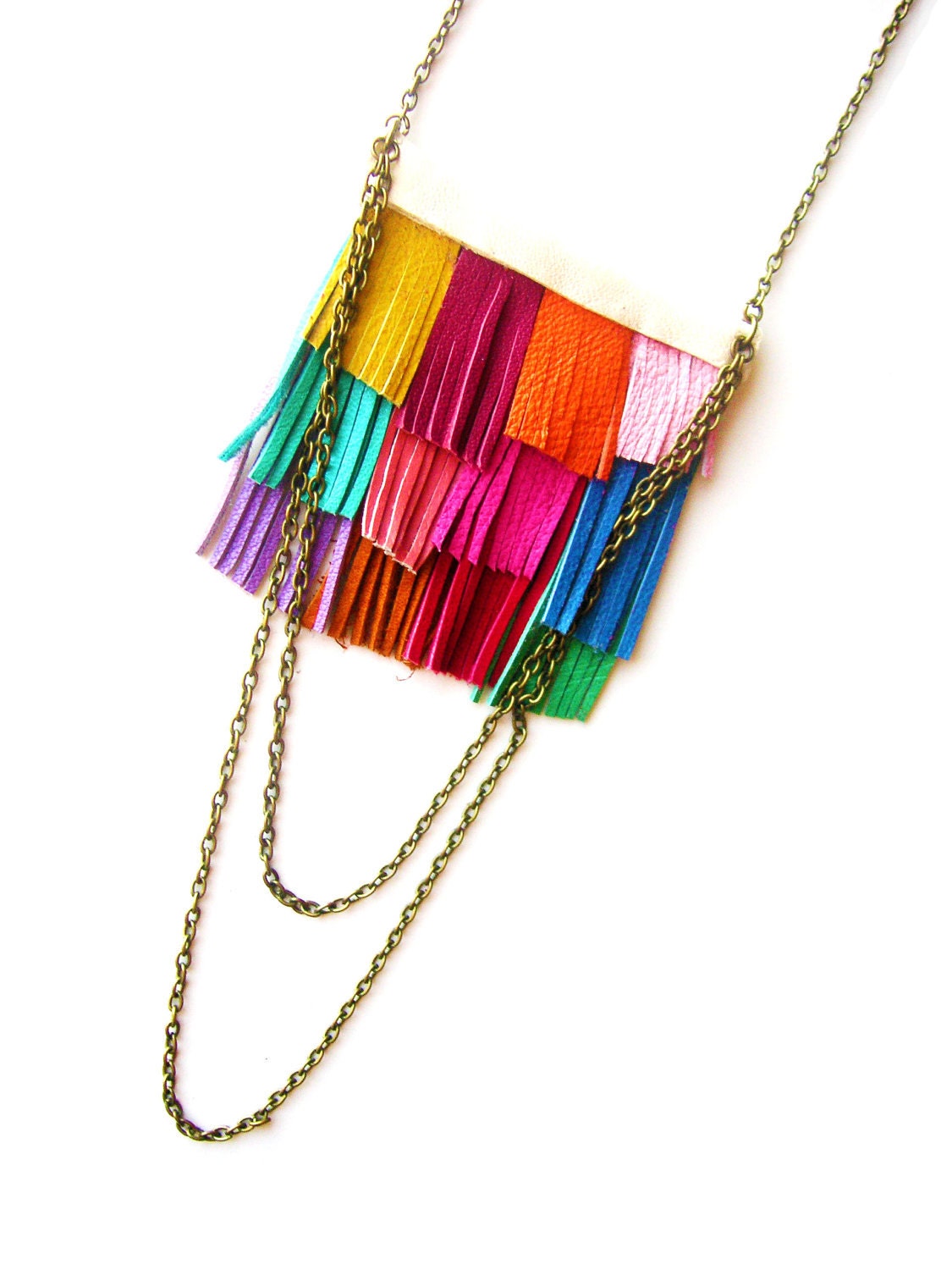 Fringe Leather Bib Necklace Native Rainbow and Chain