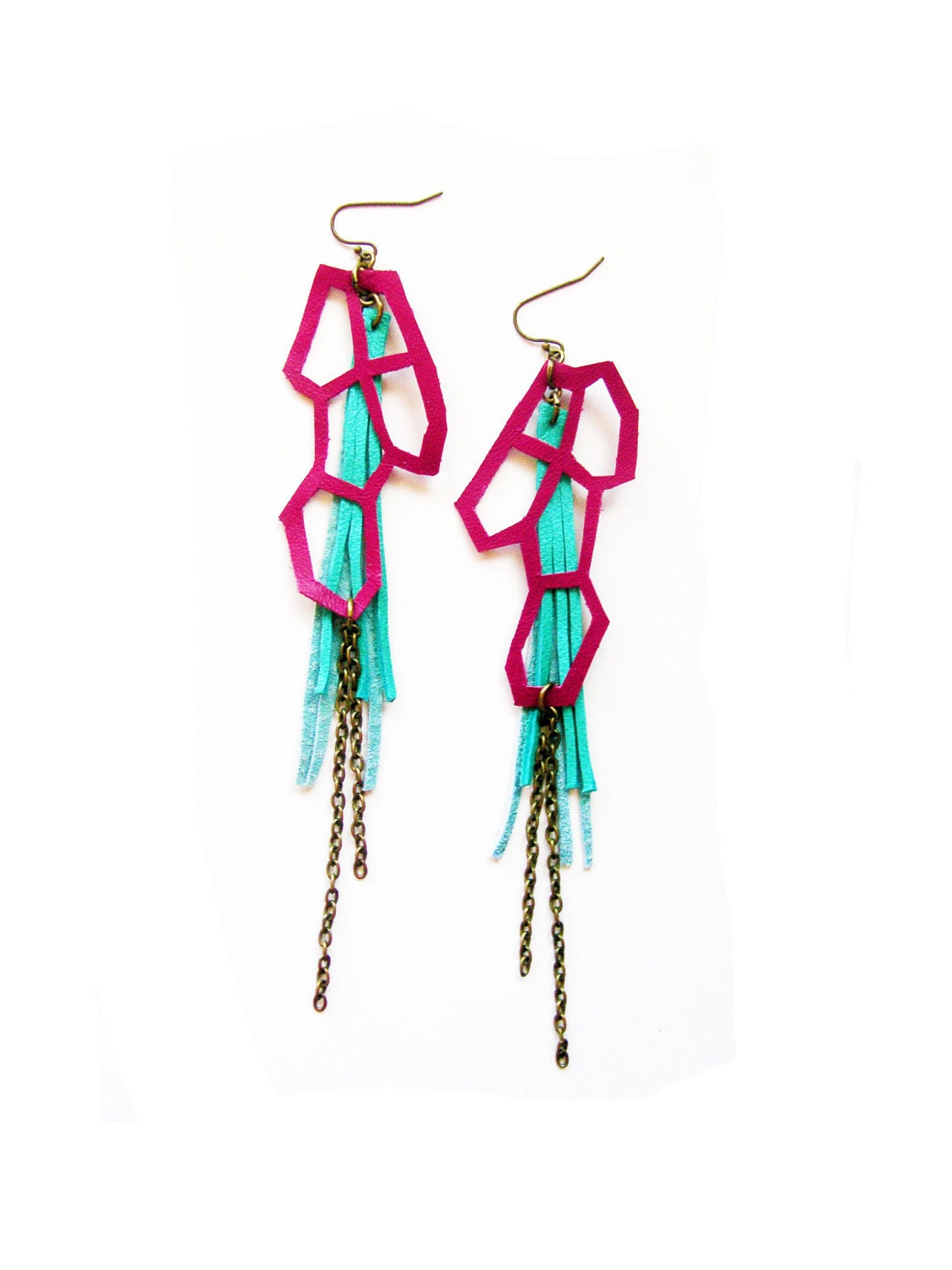Geometric Fringe Leather Earrings Purple and Teal Cells