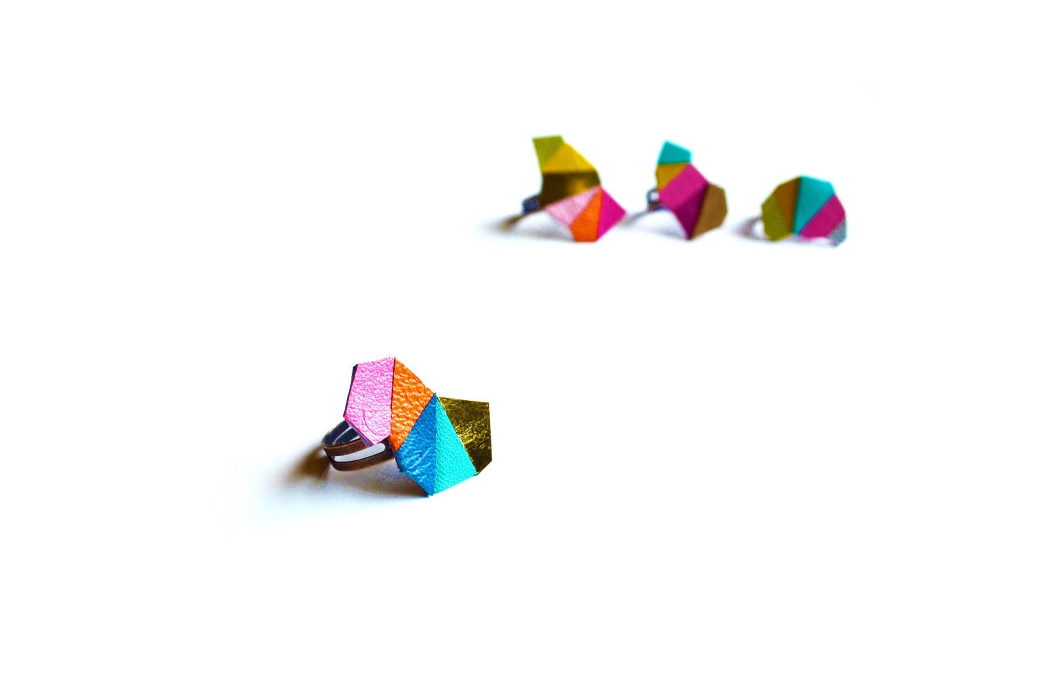 Neon Adjustable Ring Geometric Leather Triangle Kaleidoscope