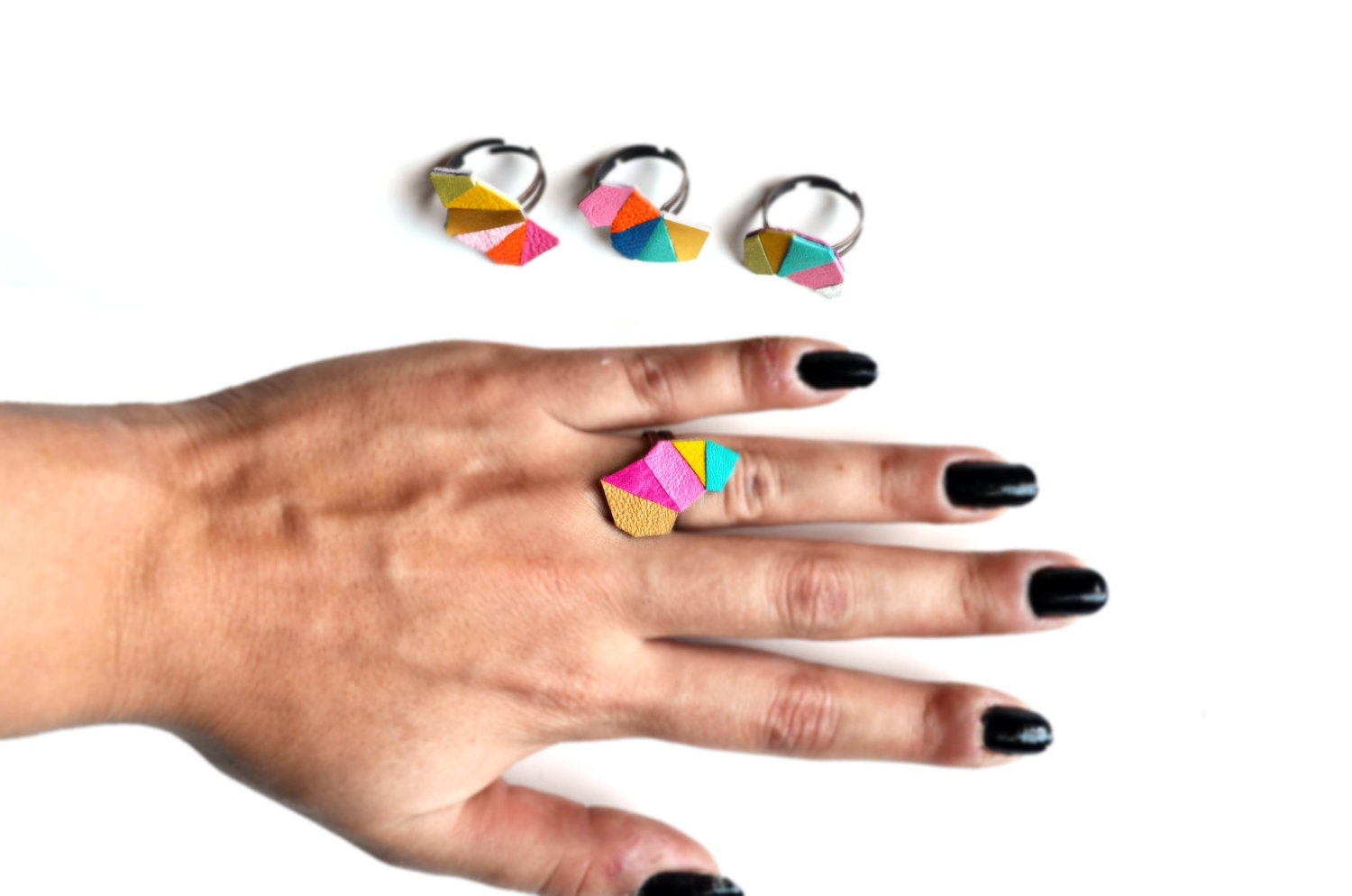 Geometric Adjustable Ring Leather Triangle Kaleidoscope Faceted Jewelry